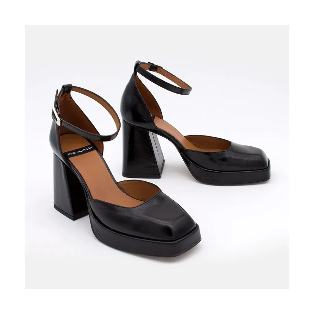 ANGEL ALARCON Anna - Zapatos De Piel Brillante Con Pulsera, Tacon Ancho Y Plataforma New