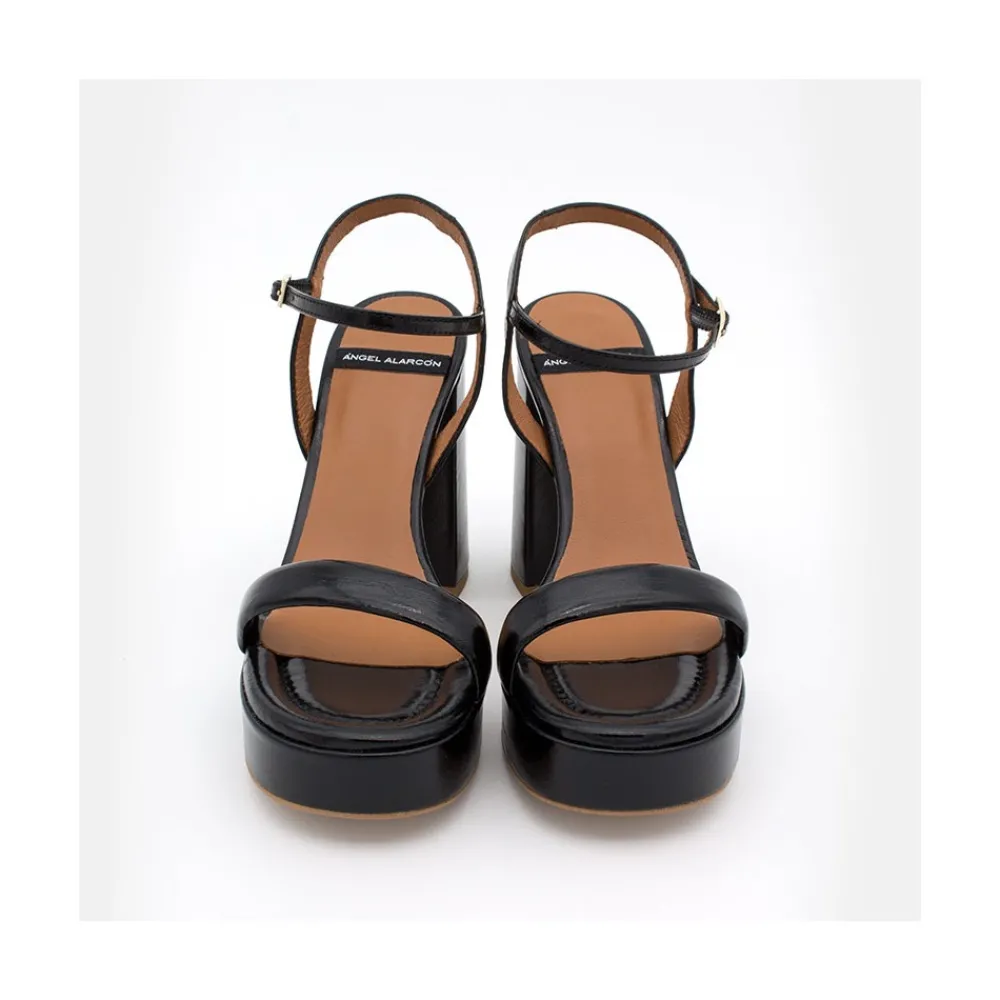 ANGEL ALARCON Mandy - Sandalia De Piel Brillante Con Tacon Ancho Y Plataforma New
