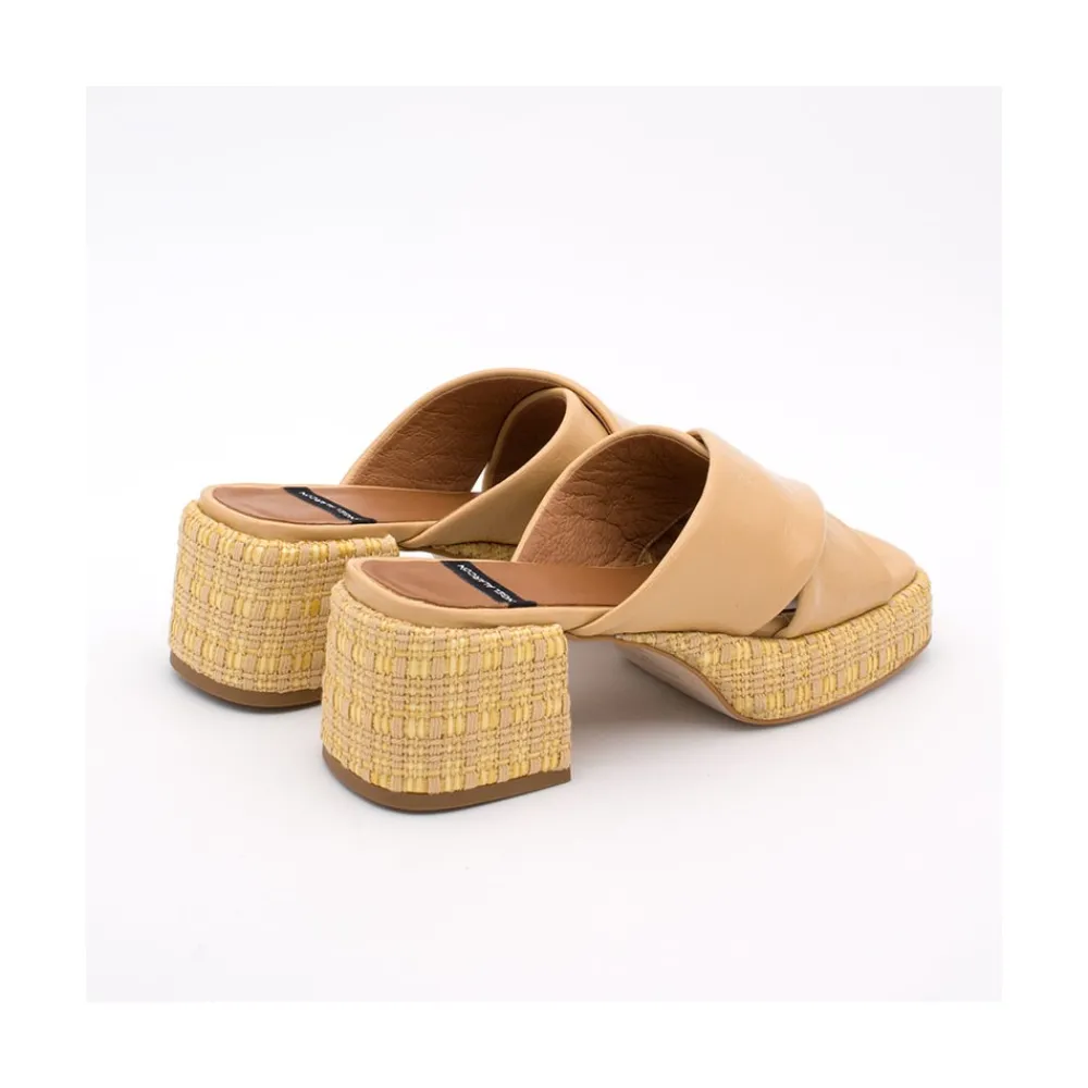 ANGEL ALARCON Muses - Mule De Piel Con Pala Cruzada Con Tacon Ancho Y Plataforma De Rafia New