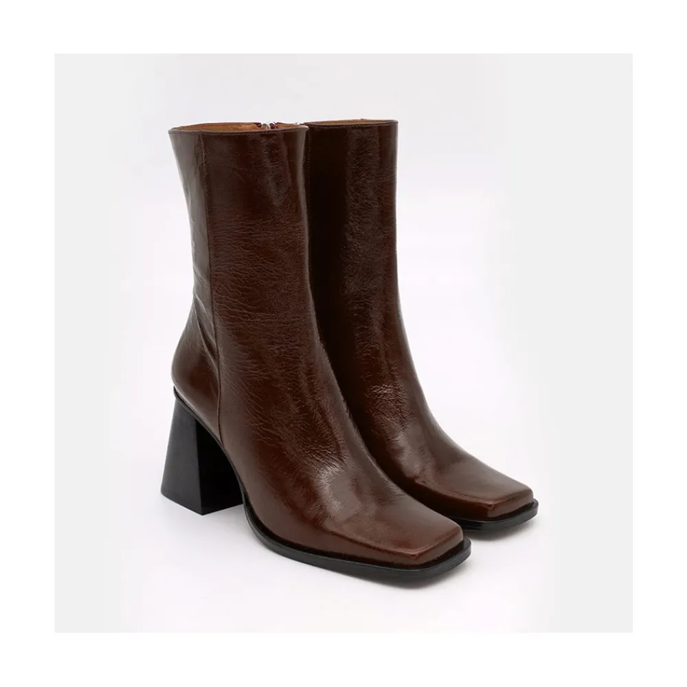 ANGEL ALARCON Oconnor - Botin De Piel Brillante Con Tacon Ancho Con Cremallera New