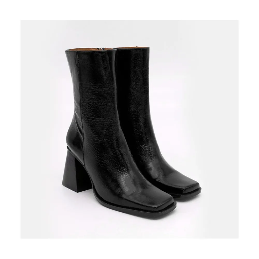ANGEL ALARCON Oconnor - Botin De Piel Brillante Con Tacon Ancho Con Cremallera New