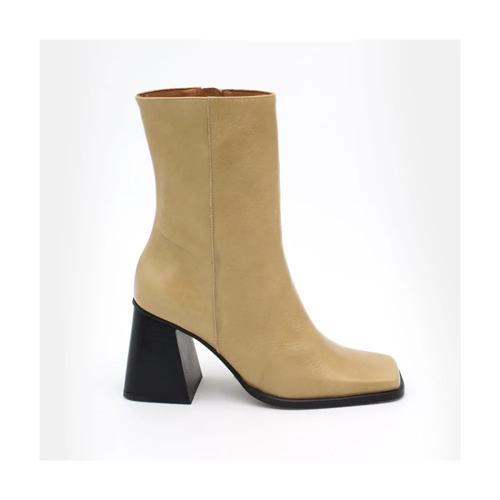 ANGEL ALARCON Oconnor - Botin De Piel Brillante Con Tacon Ancho Con Cremallera New