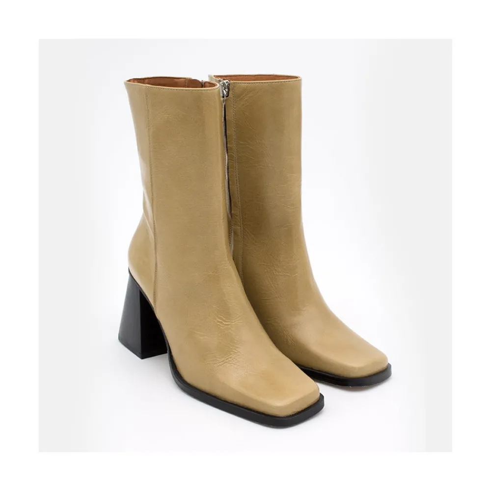 ANGEL ALARCON Oconnor - Botin De Piel Brillante Con Tacon Ancho Con Cremallera New