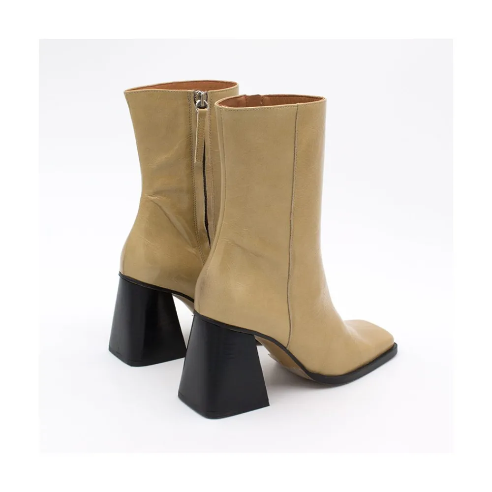 ANGEL ALARCON Oconnor - Botin De Piel Brillante Con Tacon Ancho Con Cremallera New