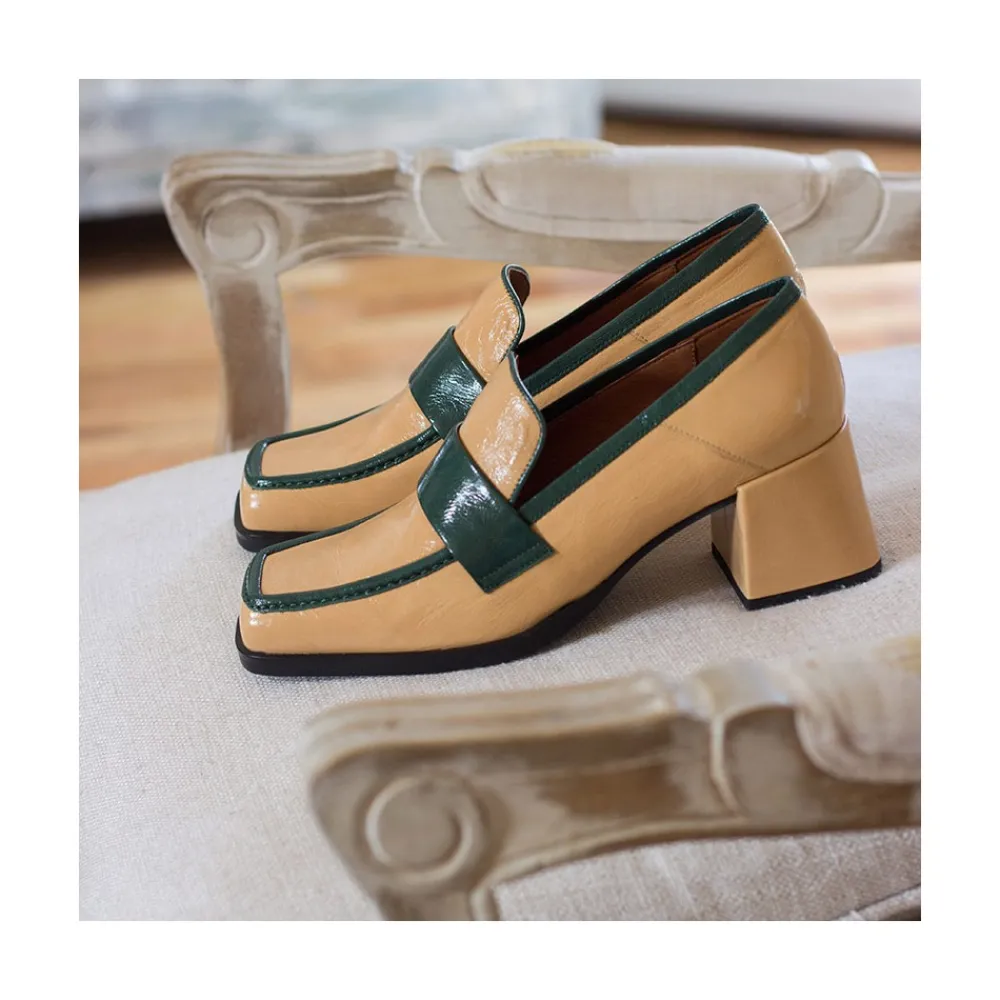 ANGEL ALARCON Peggy - Mocasin De Piel Brillante Duotono Con Tacon Ancho Clearance